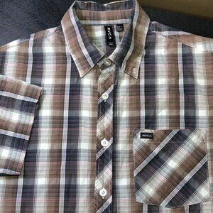 RVCA Men's Plaid Short Sleeve Button Up Shirt Brown/Cream SIZE SMALL